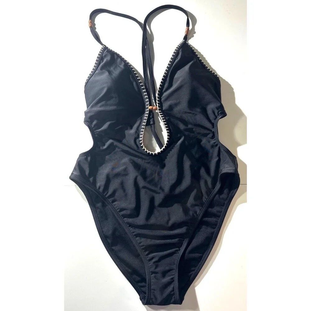 Shade & Shore Black Plunge One-Piece Swimsuit Beaded High-Leg Cut Size L 12-14